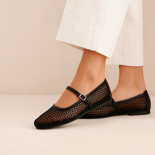 Black Mesh Mary Jane Flats ZM-1013