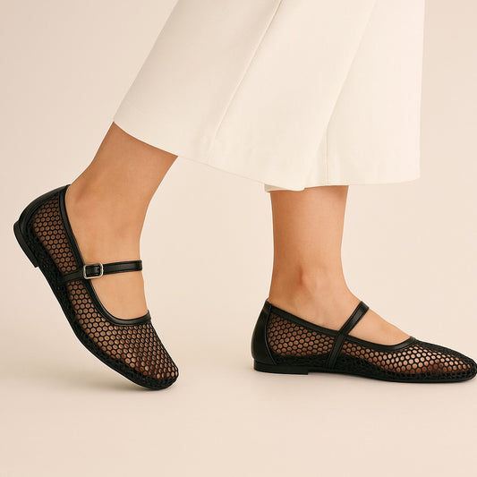 Black Mesh Mary Jane Flats ZM-1013