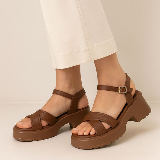 Brown Block Heel Wedges ZW-1530