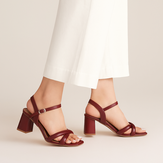 Maroon Cross Strap Block Heel Sandal ZH-502