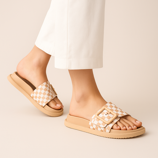 Beige Checkered Slides ZR-2506