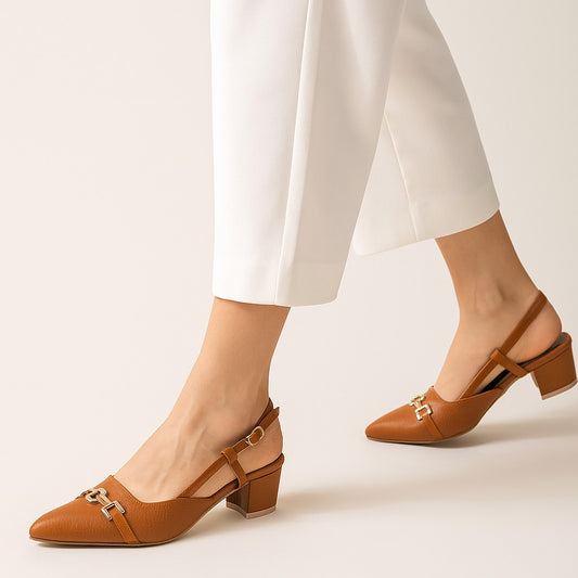 Brown Buckled Square Ankle Strap Court Shoes by Zapatla cs22