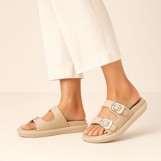 Stone Beige Buckle Slides ZW-1527
