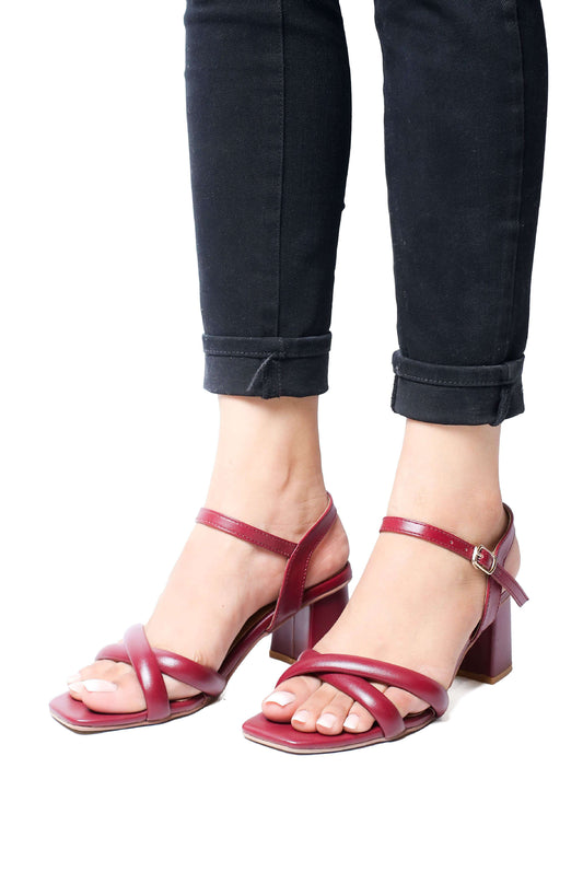 Maroon Cross Strap Block Heel Sandal ZH-502