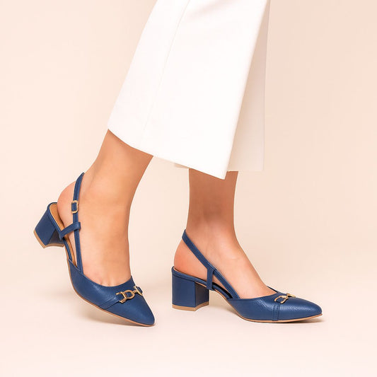 Blue Buckled Square Ankle Strap Court Shoes by Zapatla cs22