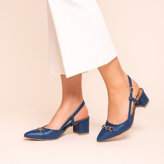 Blue Buckled Square Ankle Strap Court Shoes by Zapatla cs22