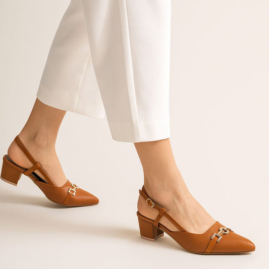 Brown Buckled Square Ankle Strap Court Shoes by Zapatla cs22