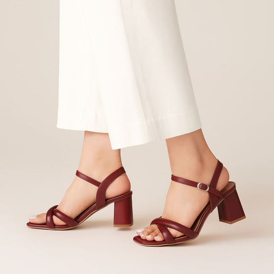 Maroon Cross Strap Block Heel Sandal ZH-502